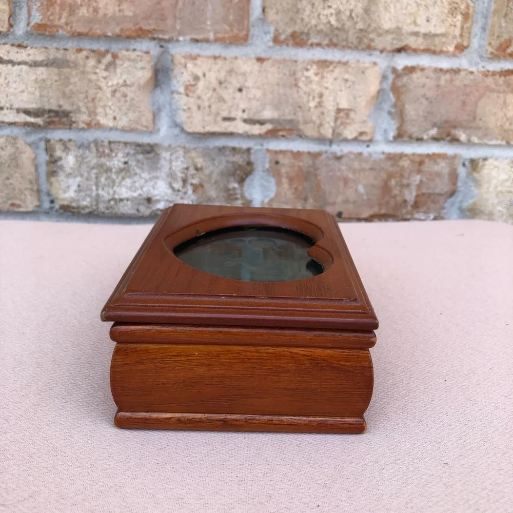 Vintage Solid Wood Small Jewelry Box, Heart Shape Etched Glass Window, Padded